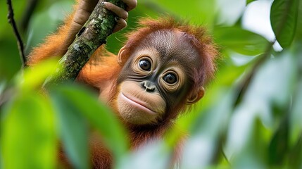 Fototapeta premium A playful scene of a baby orangutan (Pongo pygmaeus) swinging from tree branches in a lush rainforest, its bright eyes full of curiosity. 