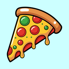 Cartoon pizza slice with pepperoni and green peppers is dripping cheese