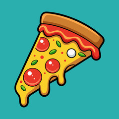 Cartoon Pizza Slice on a Teal Background with Dripping Cheese