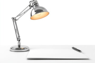 A chrome desk lamp illuminates a blank sheet of paper and pen, ready for writing or work.