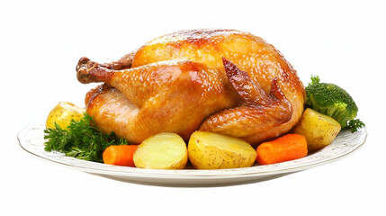 Roasted chicken with potatoes, carrots, and broccoli on a plate, isolated on white background; perfect for cookbooks or food blogs