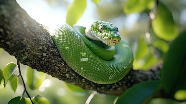 A serene image of a green tree python (Morelia viridis) wrapped around a tree branch, its bright green scales gleaming under sunlight filtering through the leaves. 