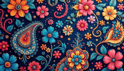 Intricate paisley floral pattern in vibrant hues, design, illustration, floral