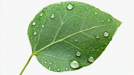 A single green leaf covered with clear water droplets