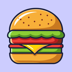 Delicious cartoon burger with layers of toppings on a light purple background