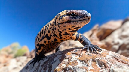 A venomous Gila monster perched on a rocky outcrop, its powerful legs and sharp claws visible as it watches its surroundings with an alert gaze. 