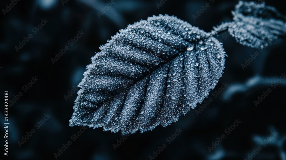 Poster frosty leaf displaying intricate details on a dark background