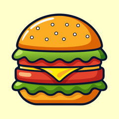 Cartoon burger with lettuce, cheese, tomato, and sesame seed bun illustration