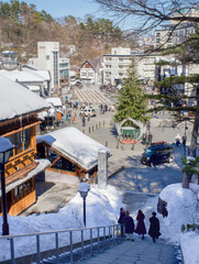 March 25, 2025. Kusatsu, Gunma, Japan. A city view of Kusatsu Onsen main square Yubatake. 