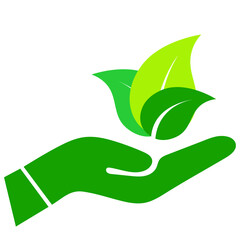 Green hand cradling three leaves of varying green shades illustrates environmentalism and sustainability.