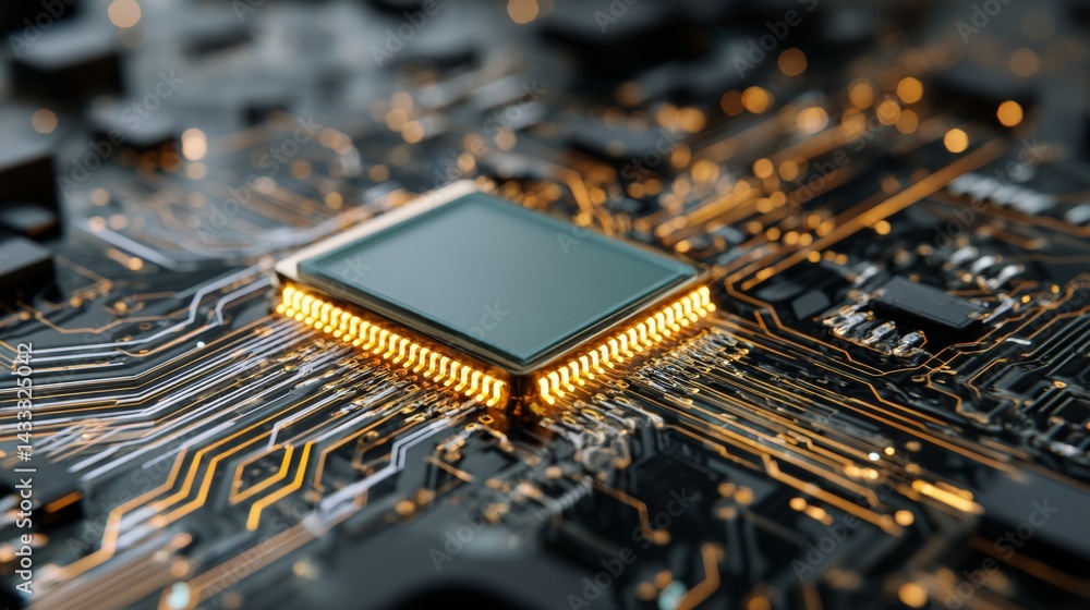 Poster visualizing advanced technology circuit board, cpu, microchip, ai, neural networks, and data flow