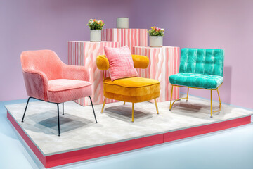 Colorful velvet chairs display in modern showroom