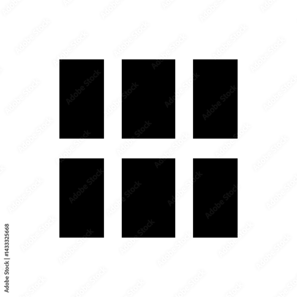 Poster arrangement of six black rectangles in two rows on a white background creating a grid like structure