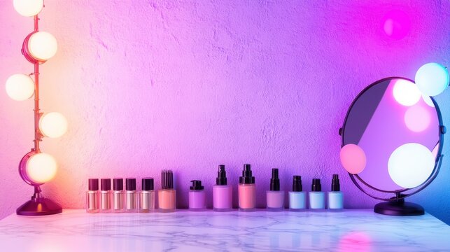 High-end beauty desk setup with marble surface, designer lighting, and soft background hues