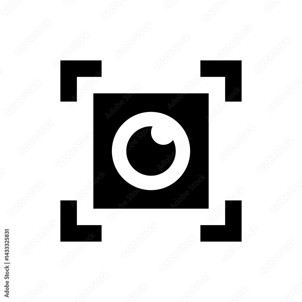 Poster white eye graphic centered on black square with white border creating contrast and visual focus poin