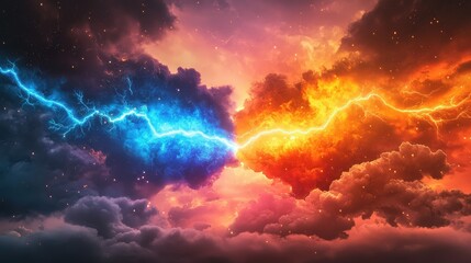 Fototapeta premium Fiery orange and icy blue lightning bolts crossing paths in a dramatic storm