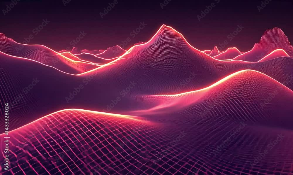 Poster neon pink glowing waves forming a soft flowing looped meditation background made with generative ai 