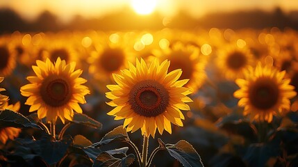 Fototapeta premium A majestic sunflower field bathed in golden sunset light creating a warm and inviting atmosphere