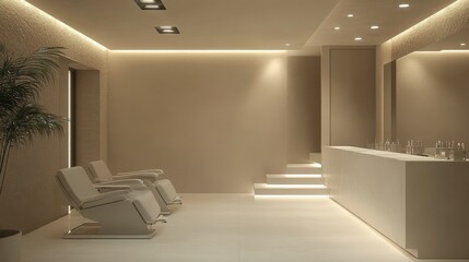 Luxurious salon counter featuring crystal decor and soft neutral tones in a minimalist setting