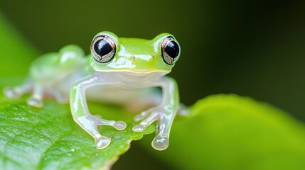 Close-up of a critically endangered glass frog (Centrolenidae) resting on a leaf, showing its transparent underside in the soft glow of the jungle. 