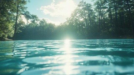 Sunlight reflects on the water with green forest background