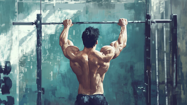 A bodybuilder does pull-ups on a horizontal bar in a gym