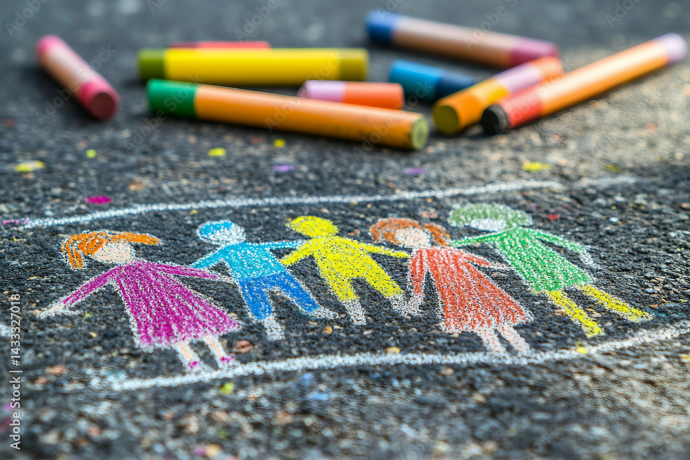 Poster generative ai illustration of kids playing with chalk creating colorful masterpieces on the sidewalk