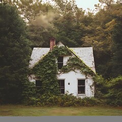 Fototapeta premium Overgrown cottage in woods; nature reclaiming; tranquility; home design inspiration