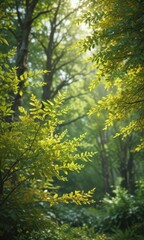 Obraz premium Blurred vibrant green and yellow foliage, suggestive of new growth , renewal, landscape