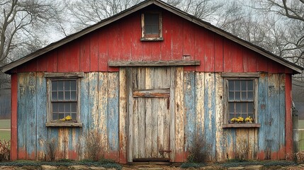 Rustic Red Barn with Weathered Blue Siding and Yellow Flowers