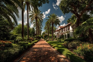Obraz premium Blue sky, lovely lawn, palm palms, and a luxurious residence. A brick path leads to the entrance of the mansion. Generative Ai