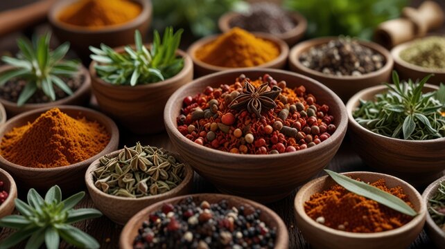 Colorful spices in bowls, kitchen setting, food photography, recipe ingredient