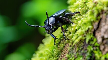 Close-up of a horned beetle climbing a moss-covered tree trunk, its sharp antennae and textured exoskeleton clearly visible.
