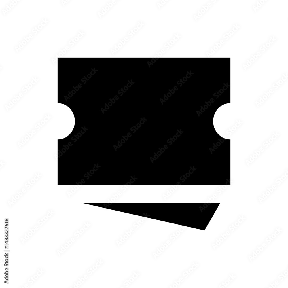Poster black ticket stub with rounded edges and a triangular shape below, set against a white background pl