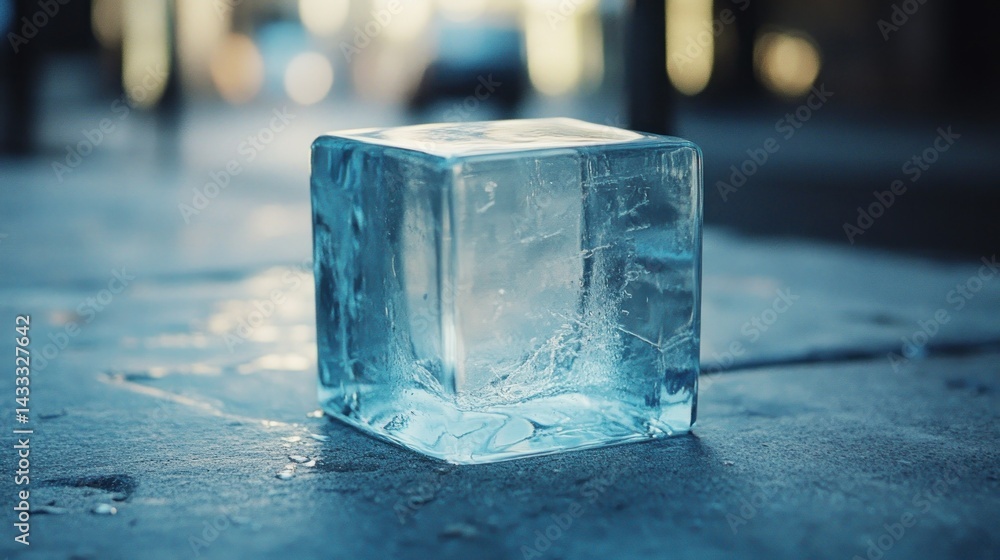 Poster a clear ice cube resting on a cool textured surface