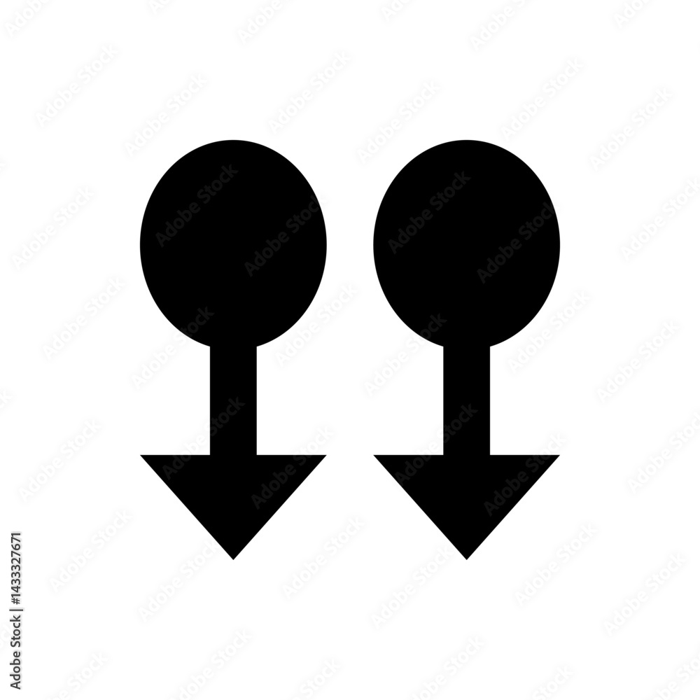 Poster two black symbols featuring a circle on top connected to a downward pointing arrow in a minimalist s
