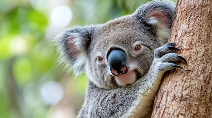Obraz premium Close-up of a koala resting on a eucalyptus tree, with its large, fluffy ears and peaceful expression in an Australian forest. 