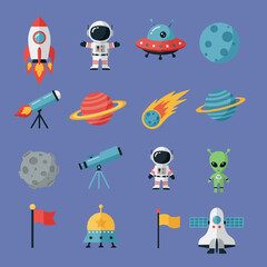 Space exploration icons with astronauts rockets planets and aliens in colorful vector illustration 