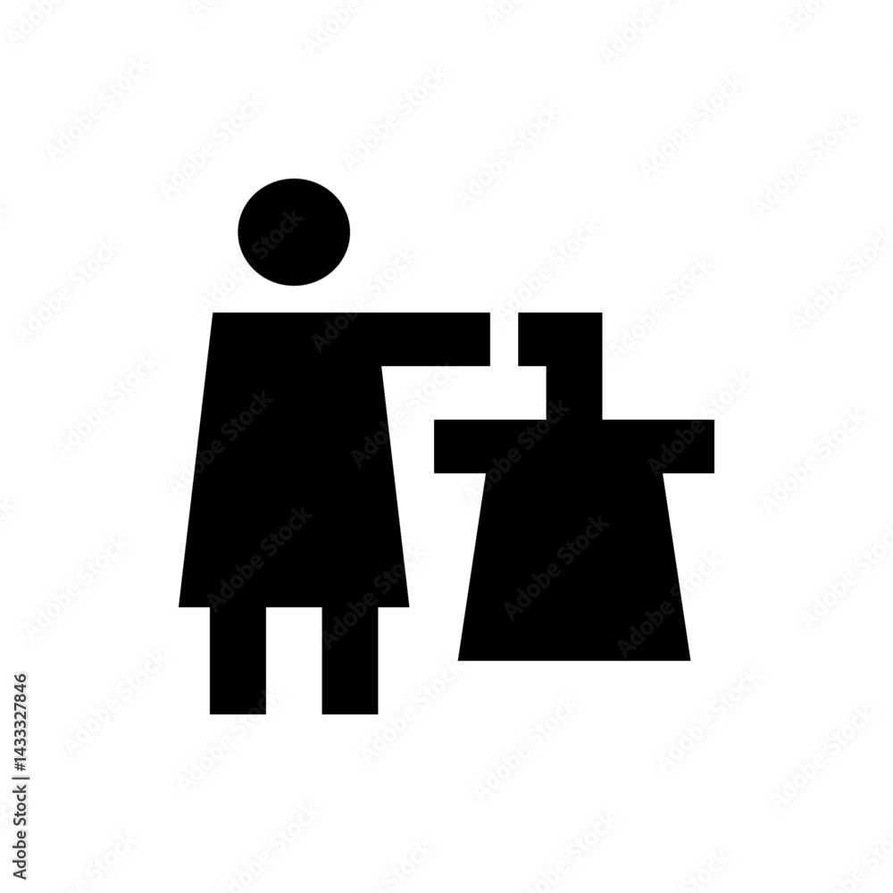 Poster silhouette of person standing next to an object with a circular head and rectangular body shape icon