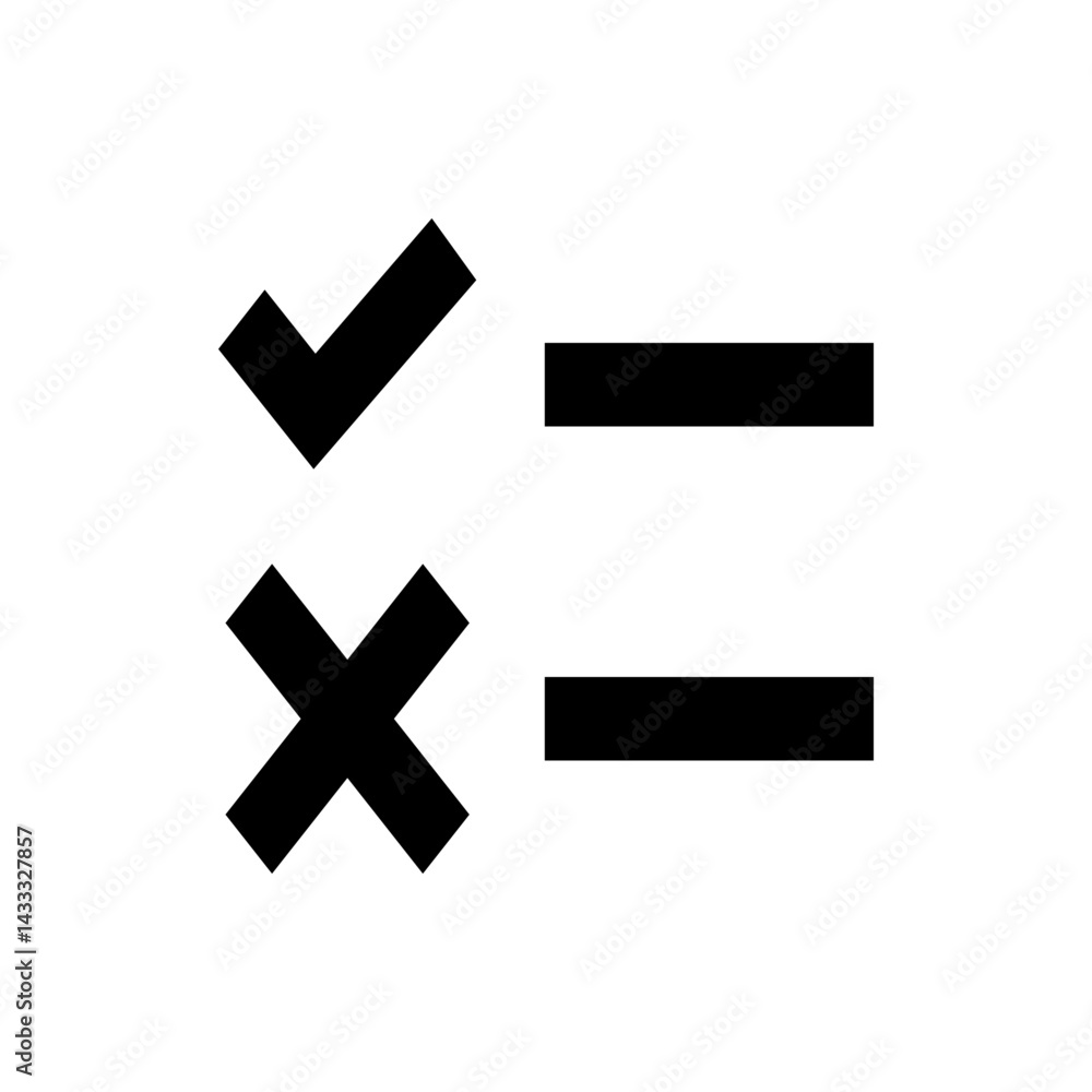 Poster a visual representation of a check mark, cross mark, and two horizontal lines in a simple black and 