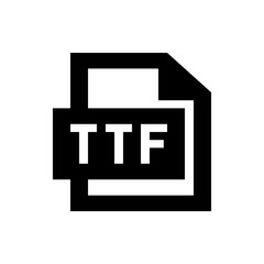 Illustration of a black and white ttf file icon on a white background with a folded corner design element