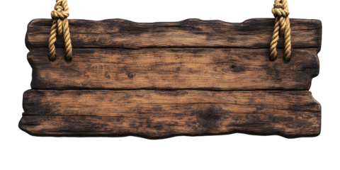 a big rustic wooden sign hanging with two ropes, isolated on a white background