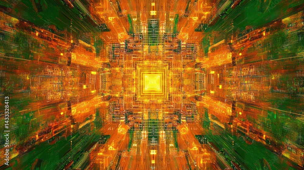 Poster a complex geometric abstract featuring a symmetrical glowing design