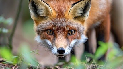 Close-up of a red fox with its bushy tail, looking curiously through a forest clearing in the early morning light. 