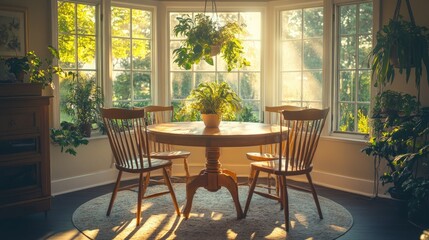 Obraz premium A dining room interior is bathed in warm sunlight with plants