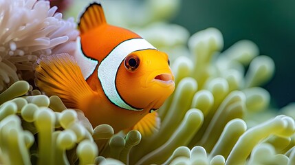 Close-up of a vibrant clownfish hiding in an anemone, with bright orange and white stripes standing out against the green backdrop. 