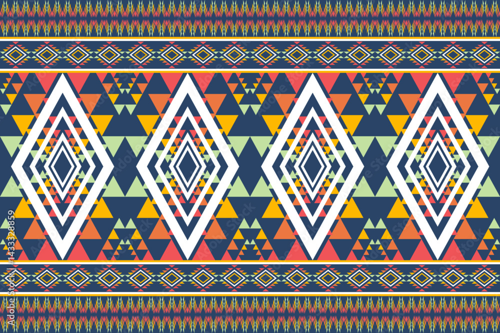 Poster An elaborate geometric pattern with triangles and diamonds in vibrant colors creates a captivating bohemian textile design aesthetic for use.