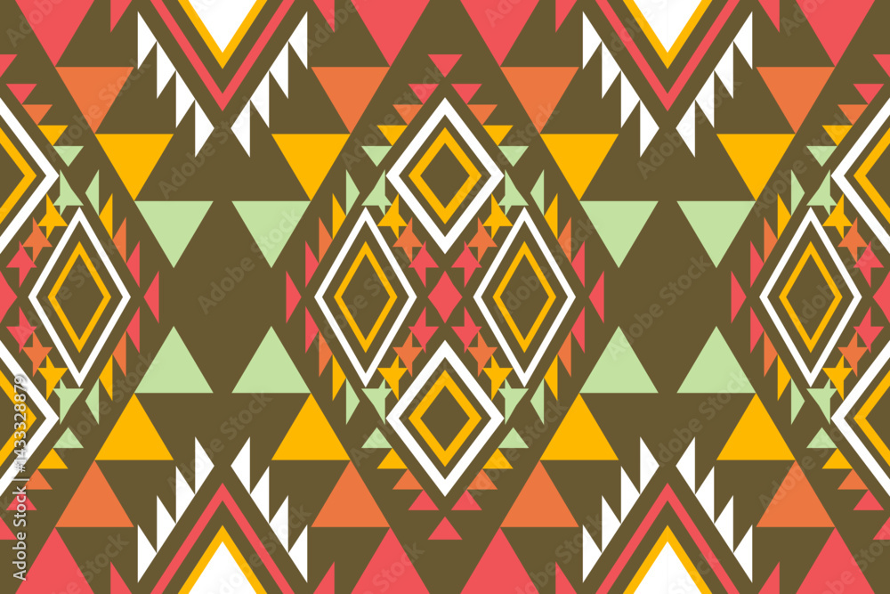 Aufkleber an intricate geometric pattern featu triangles, diamonds, and zigzags in a colorful ethnic textile d