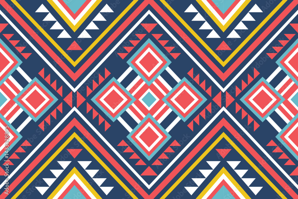 Poster Geometric pattern with triangles and diamonds creates a vibrant design that could be used for fabric design or a decorative background.
