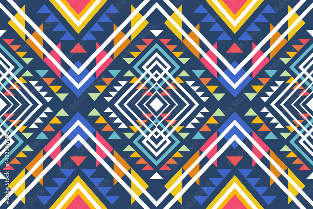 Aufkleber Vibrant geometric pattern featu colorful triangles, diamonds, and lines arranged in a symmetrical and eye-catching design composition.